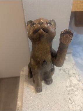 Vtg Cat Statue Paw Lifting Curious Kitten Figurine Carved Wood Look Feline Folk